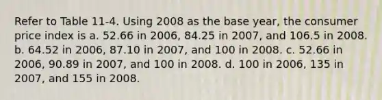 Refer to Table 11-4. Using 2008 as the base year, the consumer price index is a. 52.66 in 2006, 84.25 in 2007, and 106.5 in 2008. b. 64.52 in 2006, 87.10 in 2007, and 100 in 2008. c. 52.66 in 2006, 90.89 in 2007, and 100 in 2008. d. 100 in 2006, 135 in 2007, and 155 in 2008.