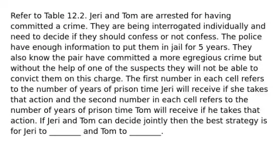 Refer to Table 12.2. Jeri and Tom are arrested for having committed a crime. They are being interrogated individually and need to decide if they should confess or not confess. The police have enough information to put them in jail for 5 years. They also know the pair have committed a more egregious crime but without the help of one of the suspects they will not be able to convict them on this charge. The first number in each cell refers to the number of years of prison time Jeri will receive if she takes that action and the second number in each cell refers to the number of years of prison time Tom will receive if he takes that action. If Jeri and Tom can decide jointly then the best strategy is for Jeri to ________ and Tom to ________.