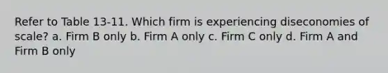 Refer to Table 13-11. Which firm is experiencing diseconomies of scale? a. Firm B only b. Firm A only c. Firm C only d. Firm A and Firm B only