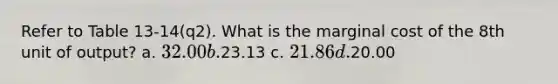 Refer to Table 13-14(q2). What is the marginal cost of the 8th unit of output? a. 32.00 b.23.13 c. 21.86 d.20.00