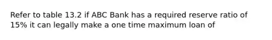 Refer to table 13.2 if ABC Bank has a required reserve ratio of 15% it can legally make a one time maximum loan of