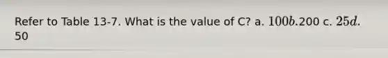 Refer to Table 13-7. What is the value of C? a. 100 b.200 c. 25 d.50