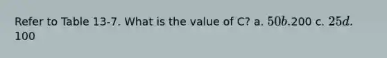 Refer to Table 13-7. What is the value of C? a. 50 b.200 c. 25 d.100