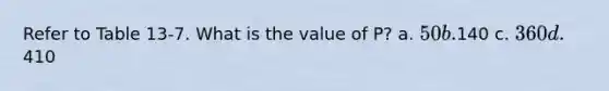 Refer to Table 13-7. What is the value of P? a. 50 b.140 c. 360 d.410