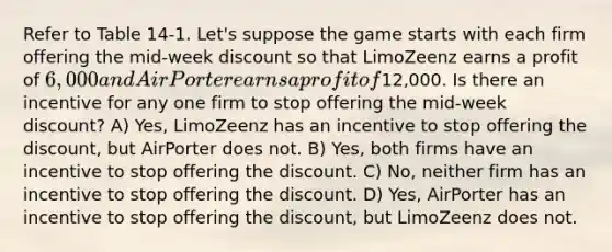 Refer to Table 14-1. Let's suppose the game starts with each firm offering the mid-week discount so that LimoZeenz earns a profit of 6,000 and AirPorter earns a profit of12,000. Is there an incentive for any one firm to stop offering the mid-week discount? A) Yes, LimoZeenz has an incentive to stop offering the discount, but AirPorter does not. B) Yes, both firms have an incentive to stop offering the discount. C) No, neither firm has an incentive to stop offering the discount. D) Yes, AirPorter has an incentive to stop offering the discount, but LimoZeenz does not.