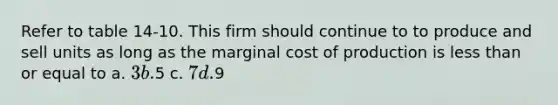 Refer to table 14-10. This firm should continue to to produce and sell units as long as the marginal cost of production is less than or equal to a. 3 b.5 c. 7 d.9