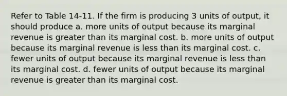 Refer to Table 14-11. If the firm is producing 3 units of output, it should produce a. more units of output because its marginal revenue is greater than its marginal cost. b. more units of output because its marginal revenue is less than its marginal cost. c. fewer units of output because its marginal revenue is less than its marginal cost. d. fewer units of output because its marginal revenue is greater than its marginal cost.