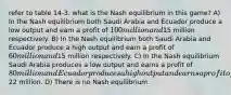 refer to table 14-3. what is the Nash equilibrium in this game? A) In the Nash equilibrium both Saudi Arabia and Ecuador produce a low output and earn a profit of 100 million and15 million respectively. B) In the Nash equilibrium both Saudi Arabia and Ecuador produce a high output and earn a profit of 60 million and15 million respectively. C) In the Nash equilibrium Saudi Arabia produces a low output and earns a profit of 80 million and Ecuador produces a high output and earns a profit of22 million. D) There is no Nash equilibrium.