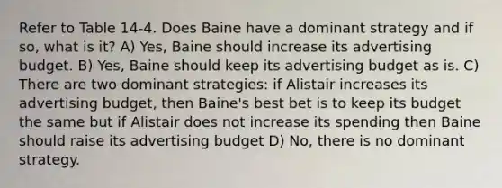 Refer to Table 14-4. Does Baine have a dominant strategy and if so, what is it? A) Yes, Baine should increase its advertising budget. B) Yes, Baine should keep its advertising budget as is. C) There are two dominant strategies: if Alistair increases its advertising budget, then Baine's best bet is to keep its budget the same but if Alistair does not increase its spending then Baine should raise its advertising budget D) No, there is no dominant strategy.