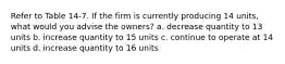 Refer to Table 14-7. If the firm is currently producing 14 units, what would you advise the owners? a. decrease quantity to 13 units b. increase quantity to 15 units c. continue to operate at 14 units d. increase quantity to 16 units