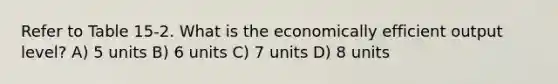 Refer to Table 15-2. What is the economically efficient output level? A) 5 units B) 6 units C) 7 units D) 8 units