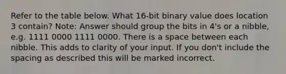 Refer to the table below. What 16-bit binary value does location 3 contain? Note: Answer should group the bits in 4's or a nibble, e.g. 1111 0000 1111 0000. There is a space between each nibble. This adds to clarity of your input. If you don't include the spacing as described this will be marked incorrect.