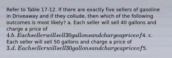 Refer to Table 17-12. If there are exactly five sellers of gasoline in Driveaway and if they collude, then which of the following outcomes is most likely? a. Each seller will sell 40 gallons and charge a price of 4. b. Each seller will sell 30 gallons and charge a price of4. c. Each seller will sell 50 gallons and charge a price of 3. d. Each seller will sell 30 gallons and charge a price of5.