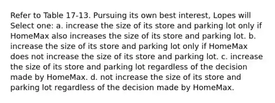 Refer to Table 17-13. Pursuing its own best interest, Lopes will Select one: a. increase the size of its store and parking lot only if HomeMax also increases the size of its store and parking lot. b. increase the size of its store and parking lot only if HomeMax does not increase the size of its store and parking lot. c. increase the size of its store and parking lot regardless of the decision made by HomeMax. d. not increase the size of its store and parking lot regardless of the decision made by HomeMax.