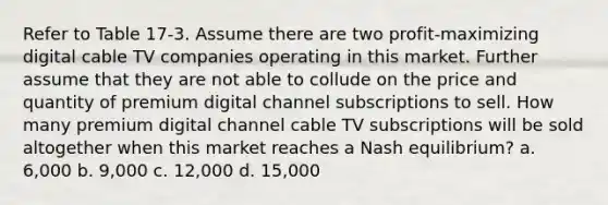 Refer to Table 17-3. Assume there are two profit-maximizing digital cable TV companies operating in this market. Further assume that they are not able to collude on the price and quantity of premium digital channel subscriptions to sell. How many premium digital channel cable TV subscriptions will be sold altogether when this market reaches a Nash equilibrium? a. 6,000 b. 9,000 c. 12,000 d. 15,000