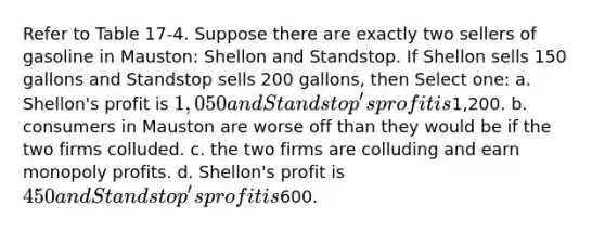 Refer to Table 17-4. Suppose there are exactly two sellers of gasoline in Mauston: Shellon and Standstop. If Shellon sells 150 gallons and Standstop sells 200 gallons, then Select one: a. Shellon's profit is 1,050 and Standstop's profit is1,200. b. consumers in Mauston are worse off than they would be if the two firms colluded. c. the two firms are colluding and earn monopoly profits. d. Shellon's profit is 450 and Standstop's profit is600.