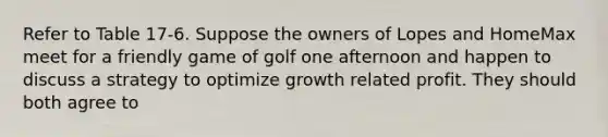 Refer to Table 17-6. Suppose the owners of Lopes and HomeMax meet for a friendly game of golf one afternoon and happen to discuss a strategy to optimize growth related profit. They should both agree to