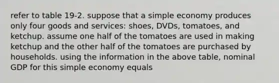 refer to table 19-2. suppose that a simple economy produces only four goods and services: shoes, DVDs, tomatoes, and ketchup. assume one half of the tomatoes are used in making ketchup and the other half of the tomatoes are purchased by households. using the information in the above table, nominal GDP for this simple economy equals