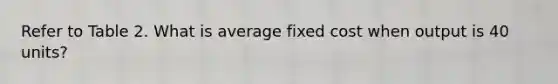 Refer to Table 2. What is average fixed cost when output is 40 units?