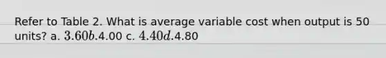 Refer to Table 2. What is average variable cost when output is 50 units? a. 3.60 b.4.00 c. 4.40 d.4.80