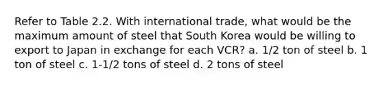 Refer to Table 2.2. With international trade, what would be the maximum amount of steel that South Korea would be willing to export to Japan in exchange for each VCR? a. 1/2 ton of steel b. 1 ton of steel c. 1-1/2 tons of steel d. 2 tons of steel