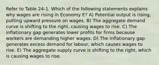 Refer to Table 24-1. Which of the following statements explains why wages are rising in Economy E? A) Potential output is rising, putting upward pressure on wages. B) The aggregate demand curve is shifting to the right, causing wages to rise. C) The inflationary gap generates lower profits for firms because workers are demanding higher wages. D) The inflationary gap generates excess demand for labour, which causes wages to rise. E) The aggregate supply curve is shifting to the right, which is causing wages to rise.