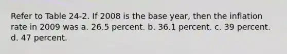 Refer to Table 24-2. If 2008 is the base year, then the inflation rate in 2009 was a. 26.5 percent. b. 36.1 percent. c. 39 percent. d. 47 percent.