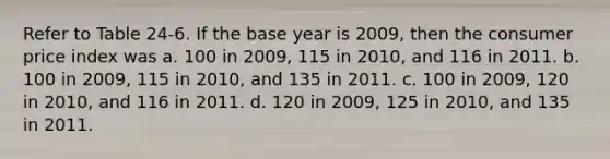 Refer to Table 24-6. If the base year is 2009, then the consumer price index was a. 100 in 2009, 115 in 2010, and 116 in 2011. b. 100 in 2009, 115 in 2010, and 135 in 2011. c. 100 in 2009, 120 in 2010, and 116 in 2011. d. 120 in 2009, 125 in 2010, and 135 in 2011.