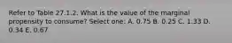 Refer to Table 27.1.2. What is the value of the marginal propensity to consume? Select one: A. 0.75 B. 0.25 C. 1.33 D. 0.34 E. 0.67