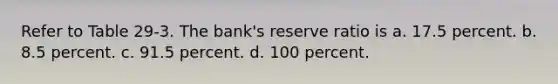 Refer to Table 29-3. The bank's reserve ratio is a. 17.5 percent. b. 8.5 percent. c. 91.5 percent. d. 100 percent.