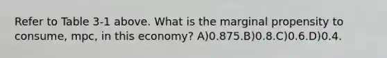 Refer to Table 3-1 above. What is the marginal propensity to consume, mpc, in this economy? A)0.875.B)0.8.C)0.6.D)0.4.