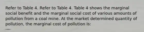 Refer to Table 4. Refer to Table 4. Table 4 shows the marginal social benefit and the marginal social cost of various amounts of pollution from a coal mine. At the market determined quantity of pollution, the marginal cost of pollution is: