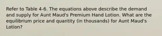 Refer to Table 4-6. The equations above describe the demand and supply for Aunt Maud's Premium Hand Lotion. What are the equilibrium price and quantity (in thousands) for Aunt Maud's Lotion?