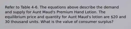 Refer to Table 4-6. The equations above describe the demand and supply for Aunt Maud's Premium Hand Lotion. The equilibrium price and quantity for Aunt Maud's lotion are 20 and 30 thousand units. What is the value of consumer surplus?