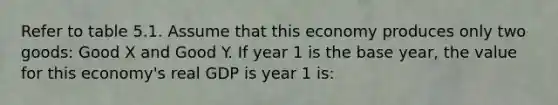 Refer to table 5.1. Assume that this economy produces only two goods: Good X and Good Y. If year 1 is the base year, the value for this economy's real GDP is year 1 is: