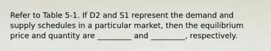 Refer to Table 5-1. If D2 and S1 represent the demand and supply schedules in a particular market, then the equilibrium price and quantity are _________ and _________, respectively.