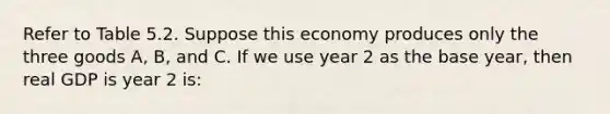 Refer to Table 5.2. Suppose this economy produces only the three goods A, B, and C. If we use year 2 as the base year, then real GDP is year 2 is: