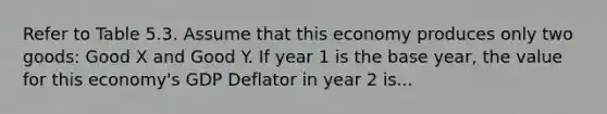 Refer to Table 5.3. Assume that this economy produces only two goods: Good X and Good Y. If year 1 is the base year, the value for this economy's GDP Deflator in year 2 is...