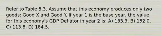 Refer to Table 5.3. Assume that this economy produces only two goods: Good X and Good Y. If year 1 is the base year, the value for this economy's GDP Deflator in year 2 is: A) 133.3. B) 152.0. C) 113.8. D) 184.5.