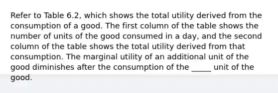 Refer to Table 6.2, which shows the total utility derived from the consumption of a good. The first column of the table shows the number of units of the good consumed in a day, and the second column of the table shows the total utility derived from that consumption. The marginal utility of an additional unit of the good diminishes after the consumption of the _____ unit of the good.