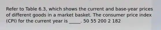 Refer to Table 6.3, which shows the current and base-year prices of different goods in a market basket. The consumer price index (CPI) for the current year is _____. 50 55 200 2 182