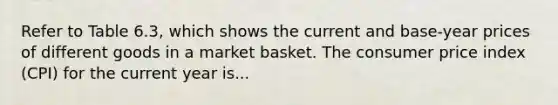 Refer to Table 6.3, which shows the current and base-year prices of different goods in a market basket. The consumer price index (CPI) for the current year is...