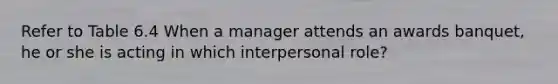 Refer to Table 6.4 When a manager attends an awards banquet, he or she is acting in which interpersonal role?