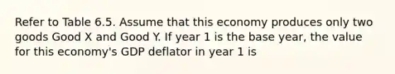 Refer to Table 6.5. Assume that this economy produces only two goods Good X and Good Y. If year 1 is the base year, the value for this economy's GDP deflator in year 1 is