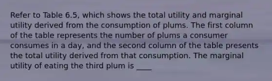 Refer to Table 6.5, which shows the total utility and marginal utility derived from the consumption of plums. The first column of the table represents the number of plums a consumer consumes in a day, and the second column of the table presents the total utility derived from that consumption. The marginal utility of eating the third plum is ____