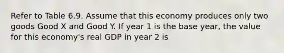 Refer to Table 6.9. Assume that this economy produces only two goods Good X and Good Y. If year 1 is the base year, the value for this economy's real GDP in year 2 is