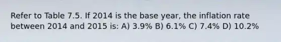 Refer to Table 7.5. If 2014 is the base year, the inflation rate between 2014 and 2015 is: A) 3.9% B) 6.1% C) 7.4% D) 10.2%