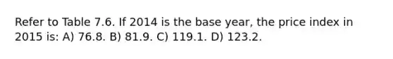 Refer to Table 7.6. If 2014 is the base year, the price index in 2015 is: A) 76.8. B) 81.9. C) 119.1. D) 123.2.