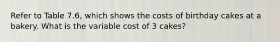 Refer to Table 7.6, which shows the costs of birthday cakes at a bakery. What is the variable cost of 3 cakes?