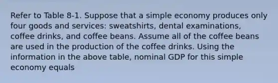 Refer to Table 8-1. Suppose that a simple economy produces only four goods and services: sweatshirts, dental examinations, coffee drinks, and coffee beans. Assume all of the coffee beans are used in the production of the coffee drinks. Using the information in the above table, nominal GDP for this simple economy equals